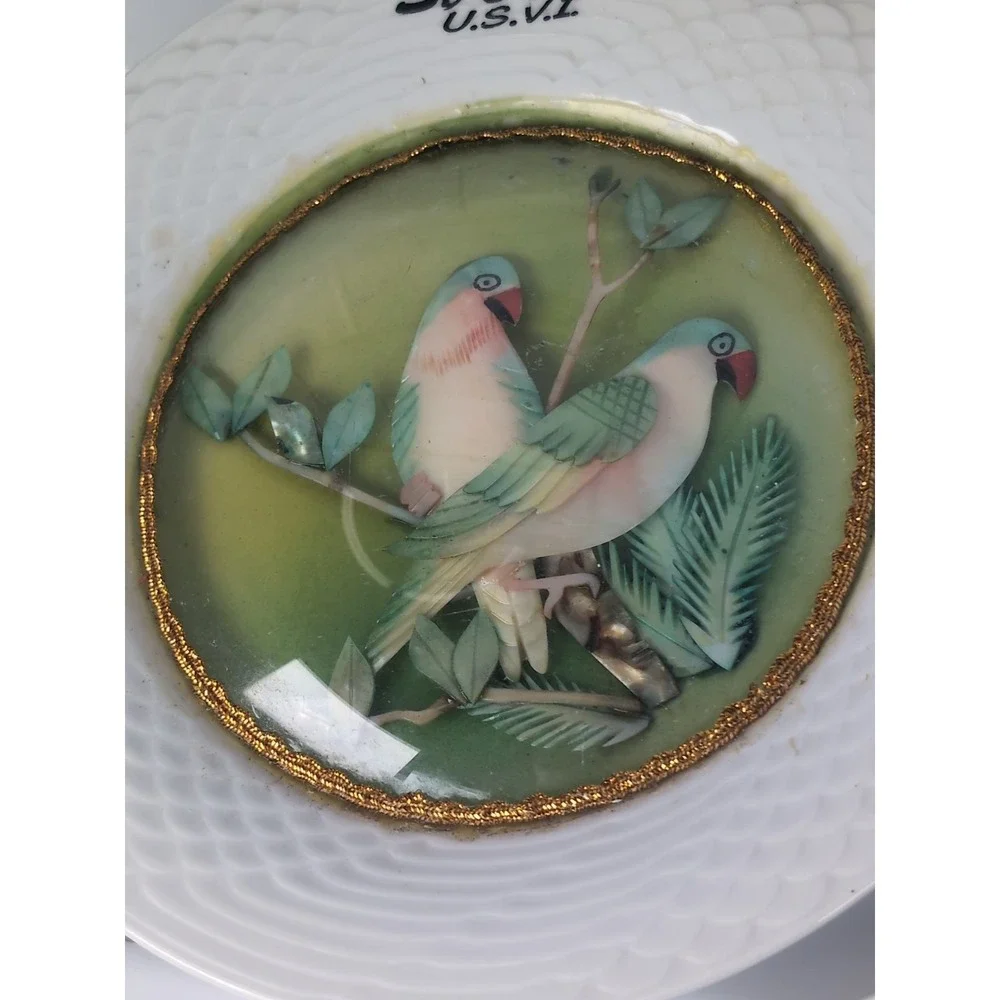 Vintage St. Croix Set Of 3 Plates Souvenir 3D Bubble Glass Mother Of Pearl Birds